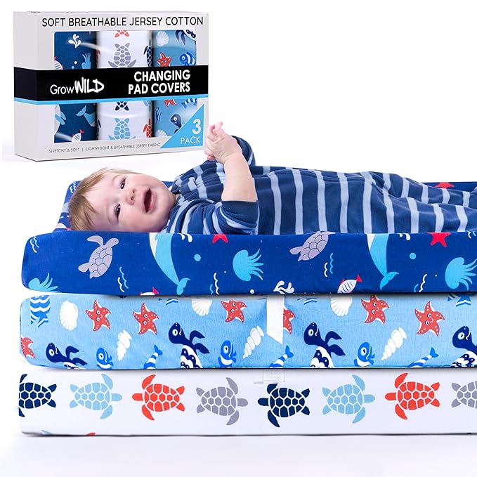 GROW WILD Changing Pad Cover 3 Pack | Soft & Stretchy Jersey Cotton | Baby Changing Table Pad Cover | Diaper Changing Pad Covers for Girls and Boys (Ocean & Under The Sea)