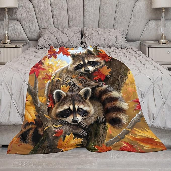 Raccoon Blanket Funny Raccoons Gifts for Girls Boys Woman Kids Raccoon Lover Maple Leaf Throw Blankets Soft Blanket Warm Fleece Flannel Plush Blankets for Bed Sofa Couch 50"x60"