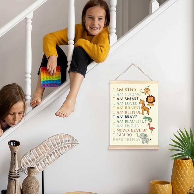 Hiuwevt Positive Affirmations Wall Art, I Am Kind Inspirational Poster Hanger Frame, Baby Wild Animal Nursery Wall Art Home Decor for Kid Boys Girls Toddler Nursery Room Bedroom Playroom, 12x16 Inch