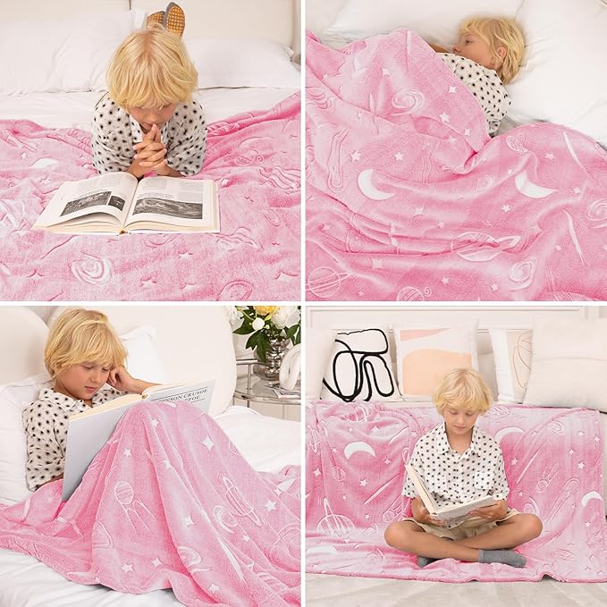 inhand Pink Blanket Girl Room Decor Glow in The Dark Blanket Soft Cute Space Star Moon Galaxy for Kids Birthday Gifts Planet Toys for 3,4,5,6,7,8,9,10,11,12 Years Old (50''x60'' Pink)