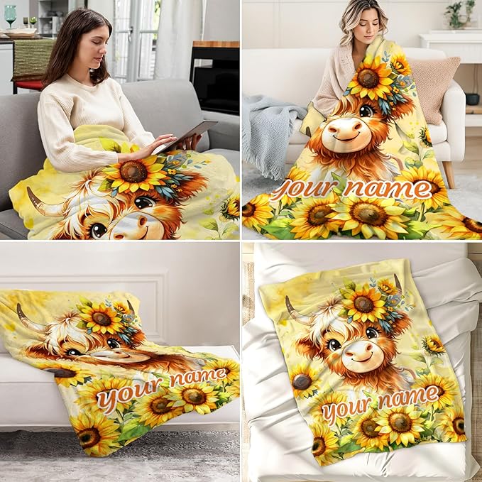 Personalized Highland Cow Stuff for Kids - 30" x 40" Inches Cute Highland Cow Blanket Throw Blanket - Yellow Lightweight Cozy Blankets for Sofa, Lap & Office