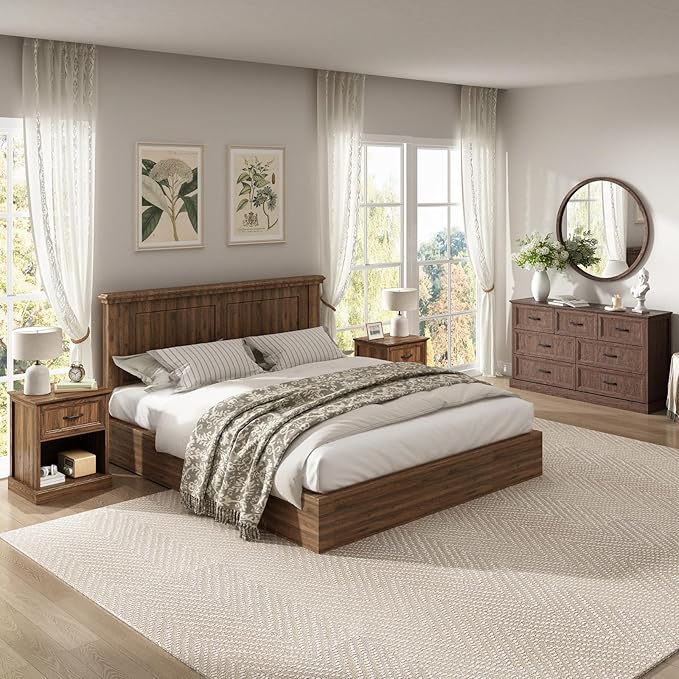 CARPETNAL Farmhouse Dresser and Nightstand Sets for Bedroom, 3 Pcs Bedroom Set, 7 Drawer Dresser & Nightstand Set of 2, Modern Wood Chest of Drawers for Bedroom, Living Room, Entryway, Brown