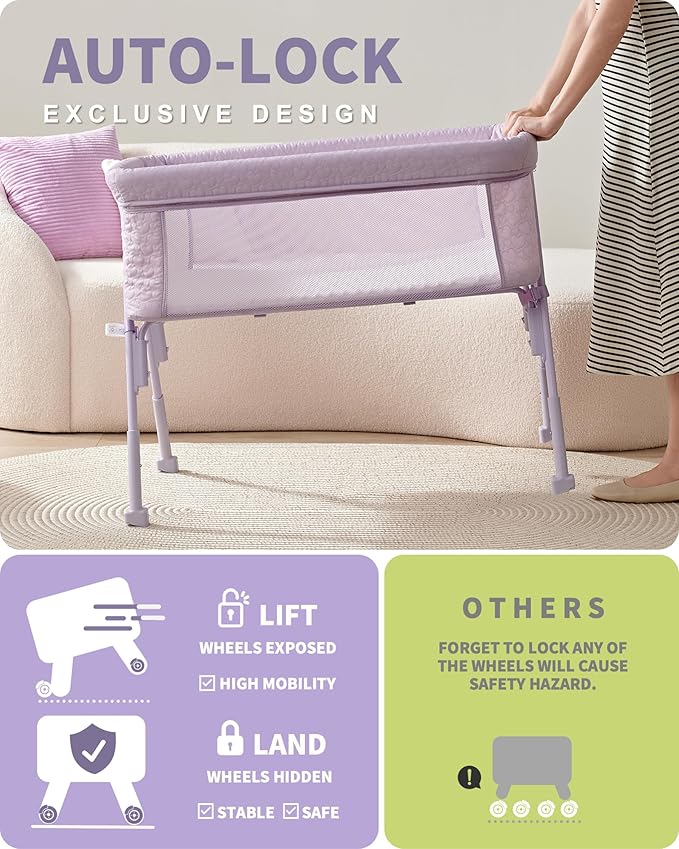 AirClub Bassinet Bedside Sleeper, Baby Crib for Newborn, Baby Bassinets Bedside Sleeper with 4 Auto-Lock & Adjustable Height, Breathable Mesh & Mattress, Bedside Bassinet