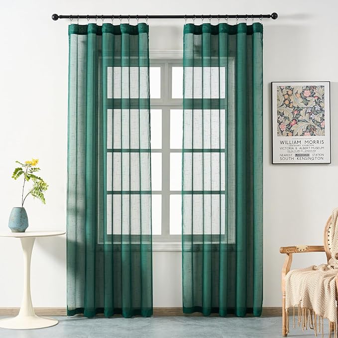 Emerald Green Curtains Sheer 90 Inches Long, Dark Linen Look Textured Light Filtering Drapes Decor, Hunter Green Transparent Window Treatments, Pinch Pleat Curtain with Hooks
