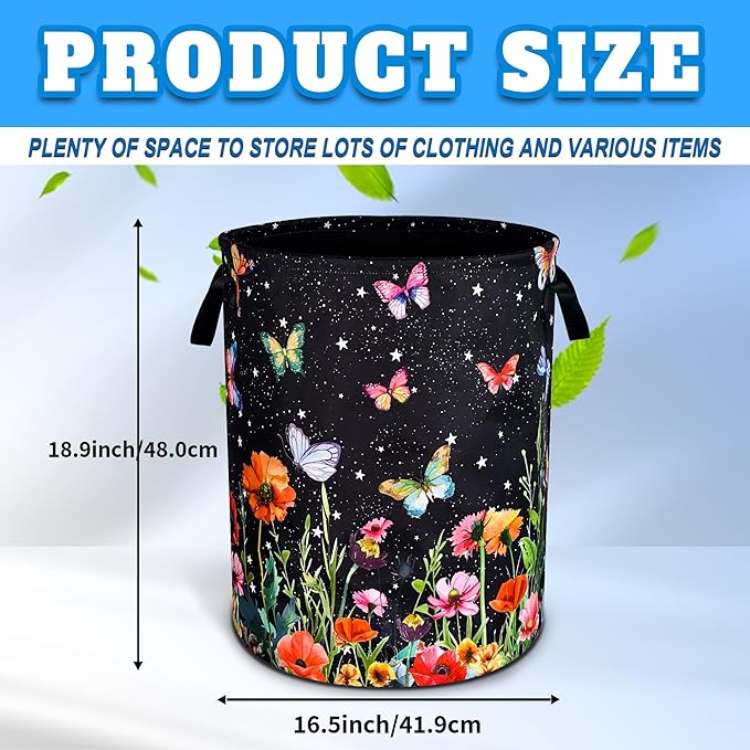 Colorful Butterflies Flowers Laundry Basket Oxford Cloth Laundry Hamper With Handle Foldable Portable Clothes Storage Basket 18.9 X 16.5 Inch Storage Bag For Laundry Room/Bathroom/Bedroom/Dormitories