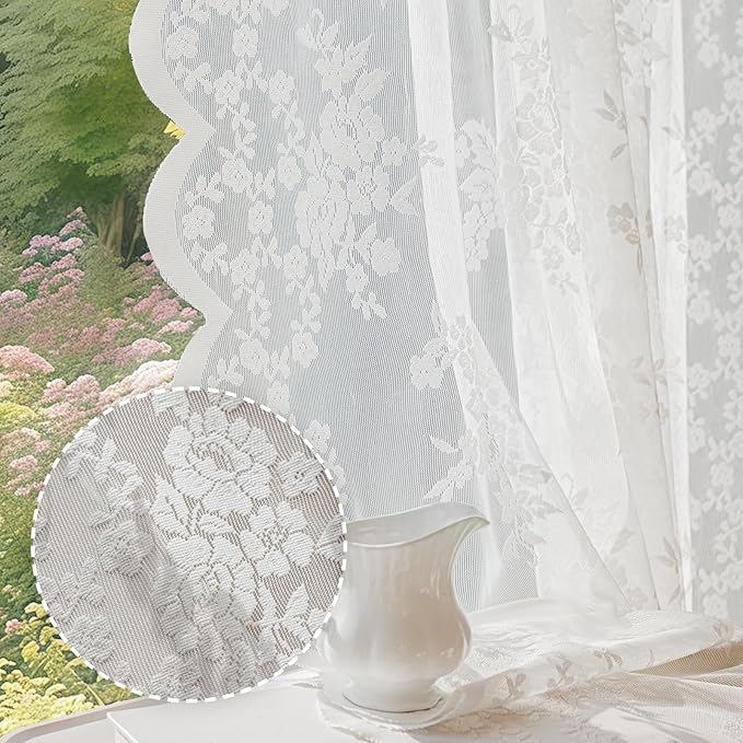 Anmao Vintage Lace Curtains 108 Inches Long 2 Panels, Romantic Elegant Light Filtering Semi Sheer Floral Thick Lacy Curtain Drapes for Living Room and Bedroom, Each Panel 55W x 108L, White Rose