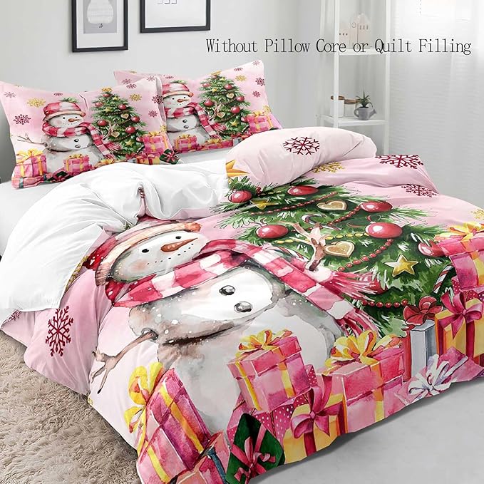 LUVIVIHOME 3PCS Snowman Duvet Cover Full Bedding Set, Pink Duvet Cover, Kids Teens Girls Bedding, Christmas Tree Snowflake Holiday New Year Xmas Gifts Christmas Comforter Quilt Cover, 2 Pillow Shams