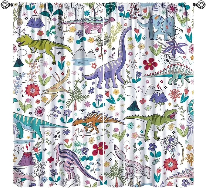 Dinosaur Curtains Cartoon Cool Funny Dino Tropical Plant Leaves Flowers Aesthetics Art Print for Kids Boys Bedroom Living Room Rod Pocket Decoration Window Drapes 2 Panels W31.5xL72in