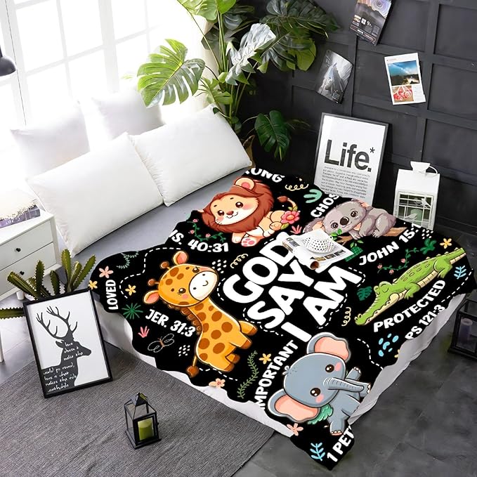 Bible Verse Blanket, Christian Gifts, God Says I am Blankets,Giraffe Lion Koala Elephant Print Animal Blankets, Cute Religious Baptism Gift for Son,Animals Lover Room Bed Decoration, 50"x60"