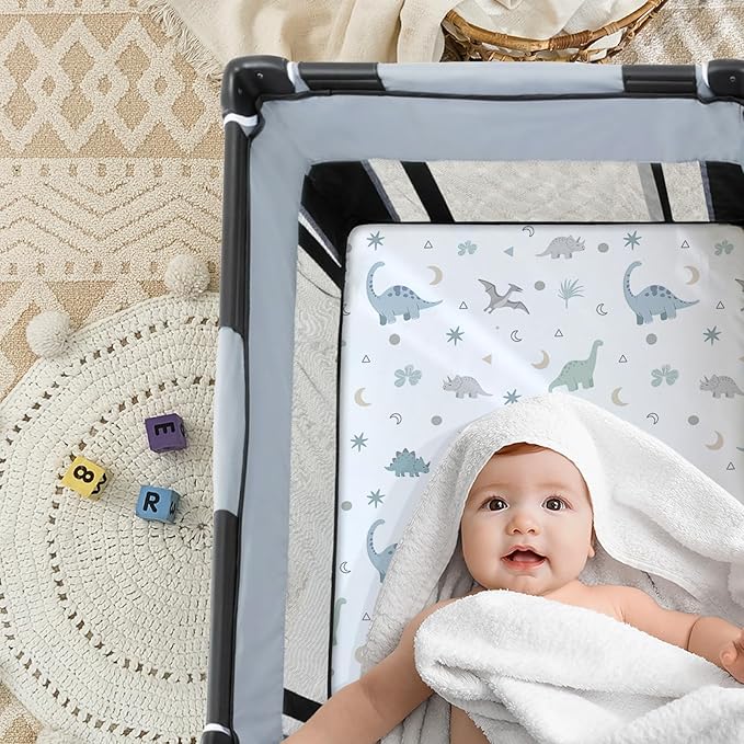 4 Pack Mini Crib Sheets Fitted - 38"x26" Pack and Play Sheets for Playard Mattress, Portable Mini Crib | Soft & Skin Friendly Pack N Play Sheets for Boys Girls (Dinosaur & Leaf)