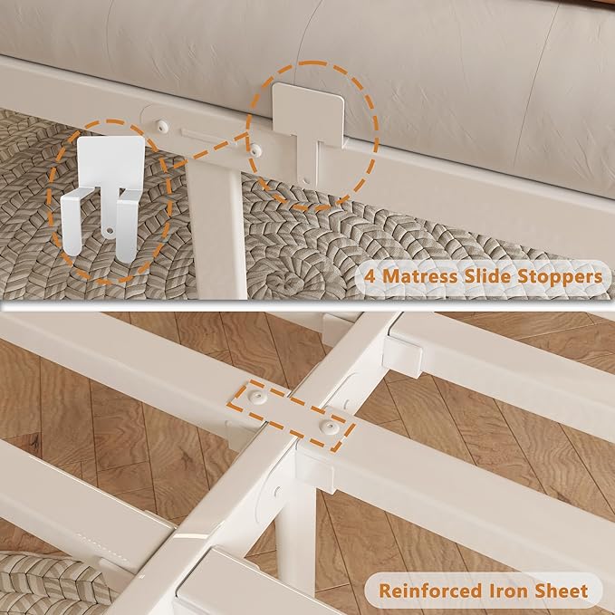 16 Inch Full Bed Frames, Platform Bed with Metal Gaskets, No Box Spring Needed, Anti-Slip Mattress Stopper, Heavy Duty Steel Slat Support, Round Corner Leg, Easy Assembly, White