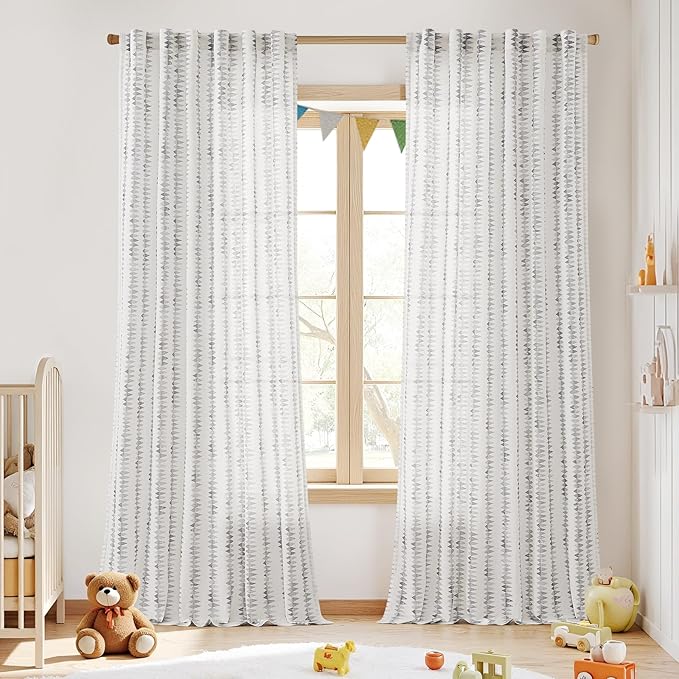 jinchan Linen Nursery Curtains for Living Room Boho Curtains for Bedroom Kids Room 96 Inches Long Geometric Printed Farmhouse Drapes Rod Pocket Window Treatment Curtain Set of 2 Panels Gray