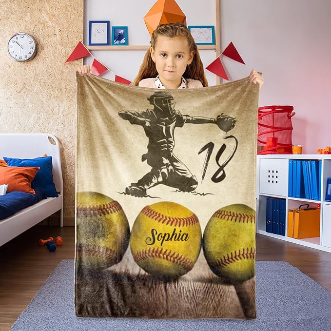 Custom Softball Blanket with Number Name: Personalized Fluffy and Warm Gift for Baby Toddler Kids and Adults Birthday Skin-Friendly Flannel Fabric(40X50inch)