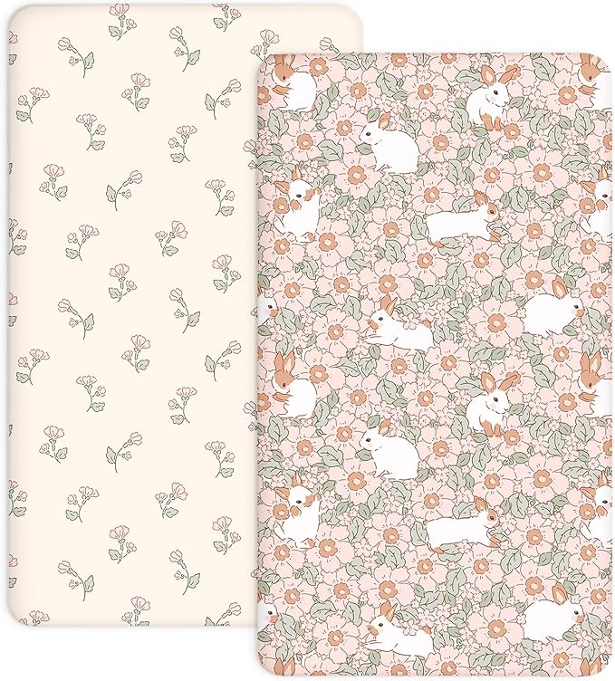 Crib Sheets for Boys and Girls, 2 Pack Fitted Baby Sheets for Standard Toddler Mattress 28" x 52", Soft Breathable Jersey Knit Baby Bedding (Bunny Garden)