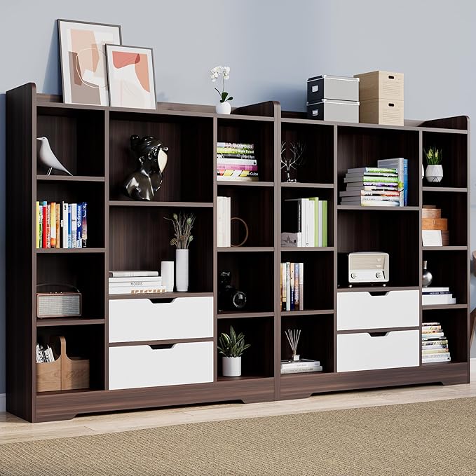 Cozy Castle Kids Bookshelf with Storage, Toy Storage Organizer with 2 Drawers and 10 Cubes 4-Tier Bookcase for Bedroom, Playroom, Hallway, Living Room(Brown & White)