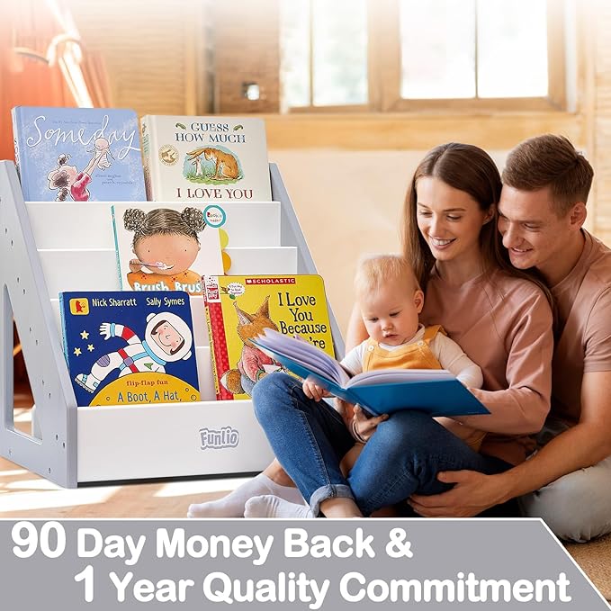 FUNLIO Montessori Bookshelf for Toddlers 1-5 Years, Front-Facing Kids Bookcase with Handle & Anti-Tilting Device, Premium Pine Baby Bookshelf, Children's Bookcase for Nursery/Classroom - Grey & White