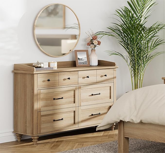 WAMPAT Farmhouse Dresser for Bedroom with 6 Drawers, Kids Dressers with Wide Chest of Drawers, Light Wood Dresser TV Stand for Living Room, Baby Closet Storage Organizer for Nursery, Hallway, Oak