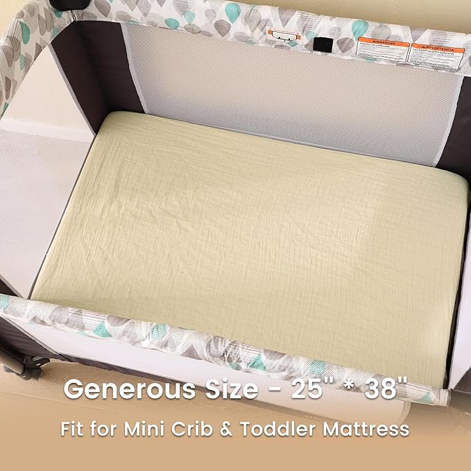 david's kids Muslin Mini Crib Sheets, 2 Pack Cotton Pack N Play Sheets for Boys Girls Neutral, Soft Breathable Baby Sheets Fit Pack N Play, Playard and Mini Crib Mattresses, Beige & Brown