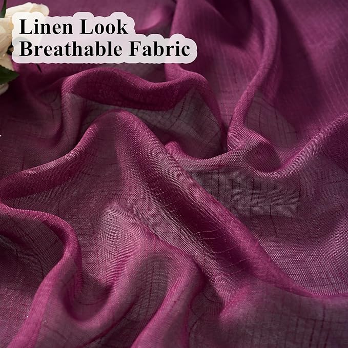 Plum Purple Curtains Sheer 84 Inches Long, Dark Linen Look Textured Light Filtering Drapes Decor, Rustic Eggplant Transparent Window Treatments, Pinch Pleat Curtain with Hooks