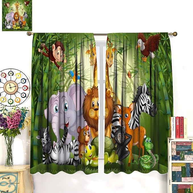 Cartoon Animal Curtains, Cute Animals Bamboo Forest Blackout Window Treatments, Rod Pocket Thermal Insulated Drapes 2 Panel Sets for Kids Room Nursery Classroom, 52" W X 84" L