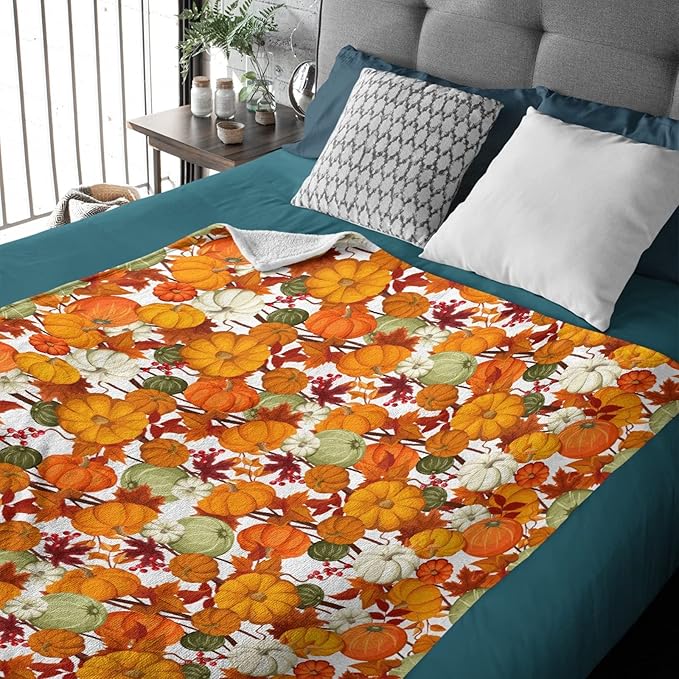 Thuswarm Autumn Harvest Pumpkins Print Flannel Blanket for Autumn Winter Gifts Warm Cozy Soft Funny Print Throw for Bed Couch Sofa 60”×50” Medium for Teen