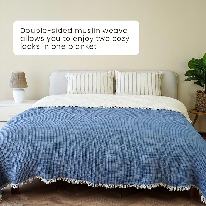 Christmas Muslin Comforter – Cotton Muslin Blanket with Soft Fiber Filling, Breathable & Cozy Muslin Throw Blanket, Reversible Holiday Quilt (Dusty Blue, King (U.S. Standard))