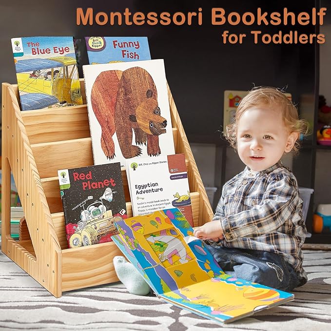 FUNLIO Montessori Bookshelf for Toddlers 1-5 Years, Front-Facing Kids Bookcase with Handle & Anti-Tilting Device, Premium Pine Baby Bookshelf, Children's Bookcase for Nursery/Classroom, CPC Certified