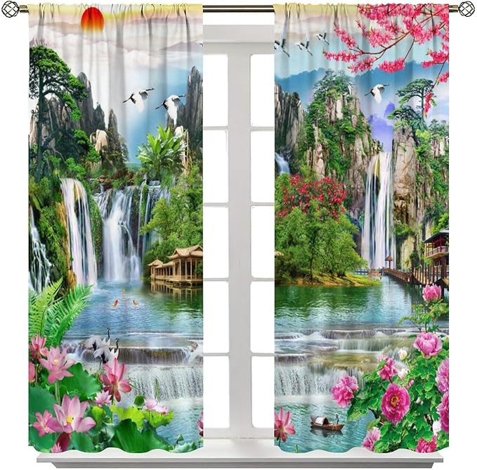 Waterfall Blackout Curtains, Forest Waterfall Rocky Lotus Fish Landscapes Print Window Drapes, for Living Room Bedroom 84" W X 84" L