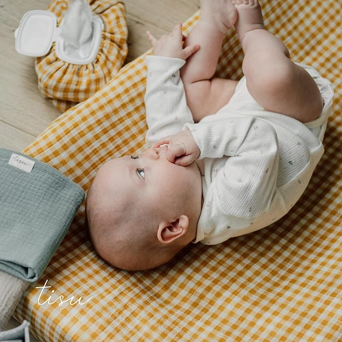 TISU Gingham Diaper Changing Pad Cover, 16 x 32 inches, Soft Muslin Cotton, Elastic Band, Check Pattern (Mustard Yellow Gingham)