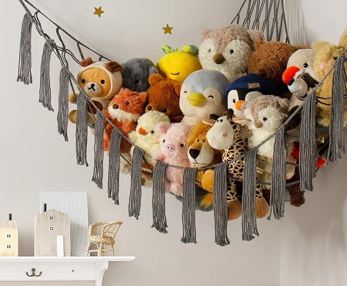 Stuffed Animal Hammock Corner Storage with LED Light - Toy Hammock Large Plushie Net - Stuffed Animal Holder Hanging Organizer - Teddy Bear Hammocks Room Decorations Preppy Toddler Kids Room Decor