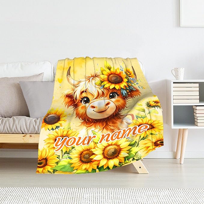 Personalized Highland Cow Blanket Gifts - 40" x 50" Inches Cartoon Highland Cow Throw Blanket for Girls - Yellow Soft Furry Throw Gift for Sofa, Crib & Bed