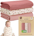 Organic Cotton Muslin Baby Blanket 3 Pack - 38x40 Inch Breathable Swaddle, Hypoallergenic Double-Layer, Versatile Use (Pink, Floral, Rust, 38x40 Inch)