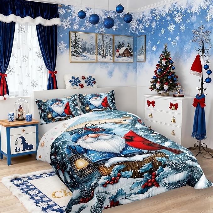 Santa Claus Kid Comforter Set Queen Size,Poinsettia Cardinal Christmas Bedding Set,Girl Boy Room Decor,Holly Berry Winter Snowflake Quilt Comforter,Blue Red Duvet Set Bedroom Quilt Set,2 Pillowcases