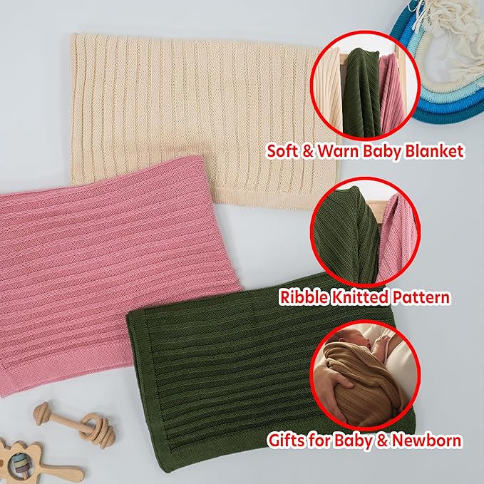 Baby Knit Blanket, 100% Cotton Ribble Patterns, Soft, Cozy, Lightweight Swaddle for Newborn & Infant Swaddling Beige Neutral, Perfect Baby Shower Ideas Mocha 30x30