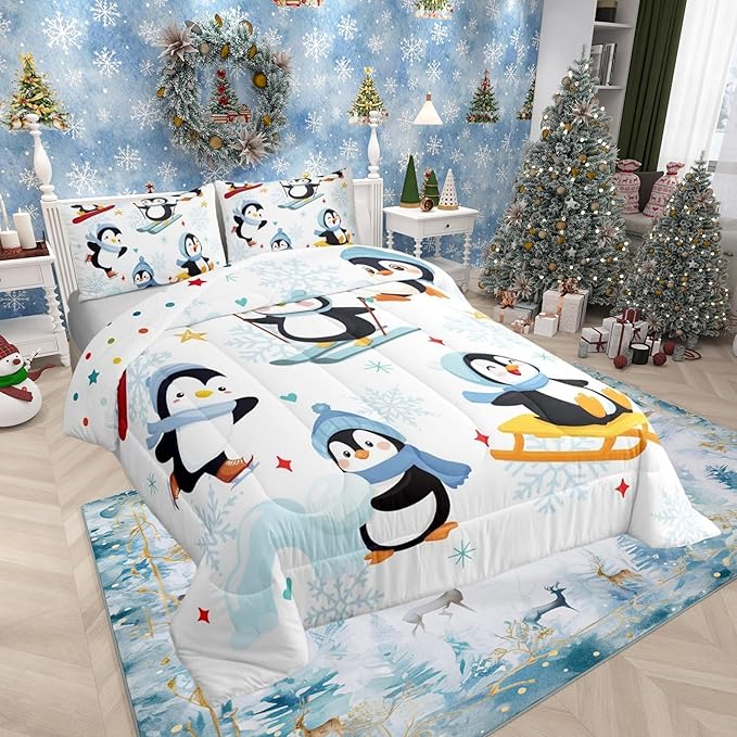 Merry Christmas Theme 3 Pcs King Size Comforter Set,Winter Snowflake New Year Down Alternative Adults Bedroom Decor,Cute Cartoon Skiing Penguin Ultra Soft Microfiber Inner Fill 3 Pcs Bedding