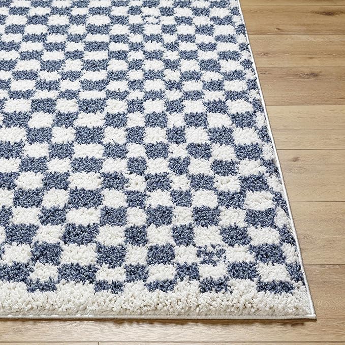 Hauteloom Kieu Contemporary Checkered Fluffy Shag Area Rug - Modern Geometric Soft Carpet Tiles for Living Room, Kids Room, Nursery - Blue, White - 5'3" x 7'