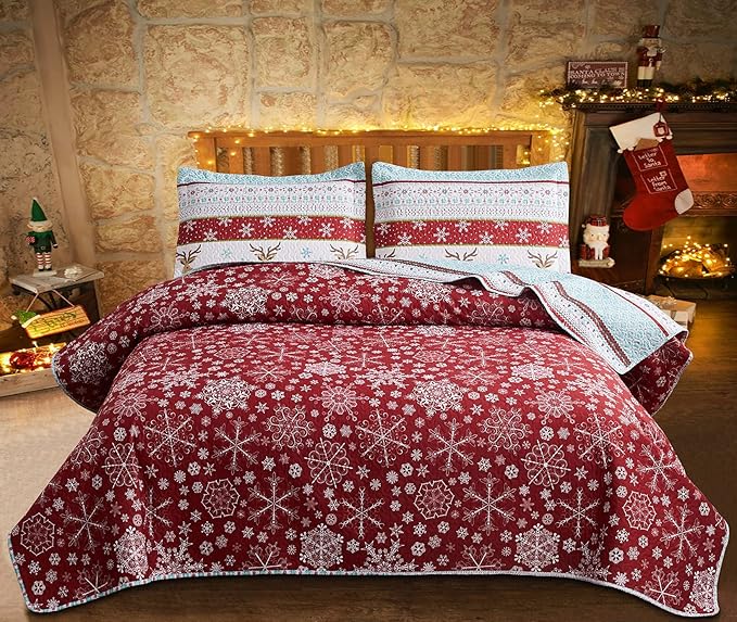 Jessy Home King Size Christmas Quilt Bedding Set: Rustic Lodge Deer Snowflake Cabin Home Holiday Decor Christmas Quilt Bedspread Coverlet