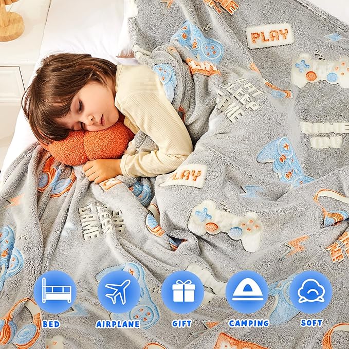 inhand Glow in The Dark Blanket Gamer Gifts for Boys Controller Kids Throw Gaming Blanket Gamer Toys for Kids Boys Game Gamepad Presents Birthday Easter Halloween （Grey 50"x60"）