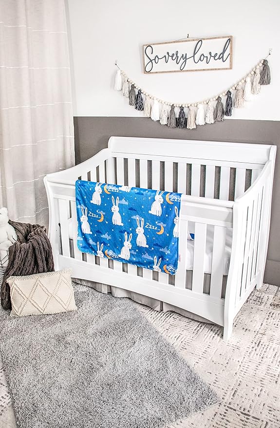 Top Tots Deluxe Minky Baby Blanket - Nighttime Bunnies, 40 x 29 Inch White