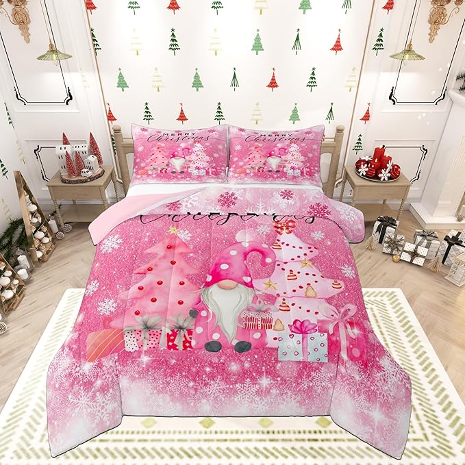 Castle Fairy Girly Christmas Full Size Comforter Set,Pink Gnome Xmas Pine Trees Gift Bedding Comforters Bedroom Collection,Snowflake Stars Glitter Sparkling Bedding Set for Girls Teens