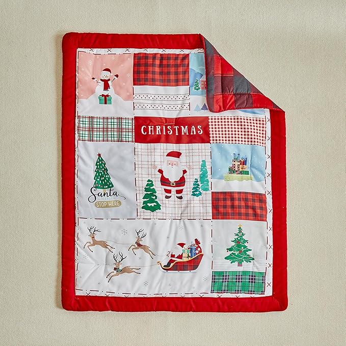 Christmas Red Crib Bedding Set 3 Pieces New Year Style Quilted Plaid Comforter with Fitted Sheet and Bed Skirt - Cute Santa Claus Snowman Tree Deer Design Baby Gift Crib Bed Set