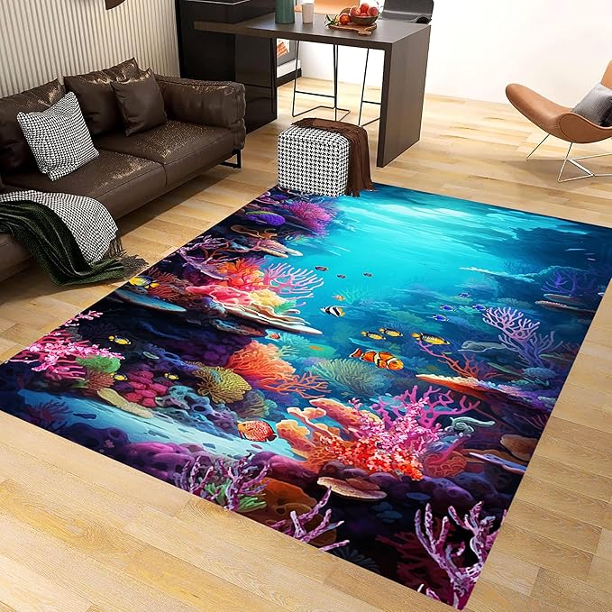 Under The Sea Area Rug, 5x8ft, Underwater World Coral Carpets for Bedroom, Marine Animal Tropical Fish Non-Slip Carpet, Low Pile Thin Absorbent Machine Washable Rugs for Living Room