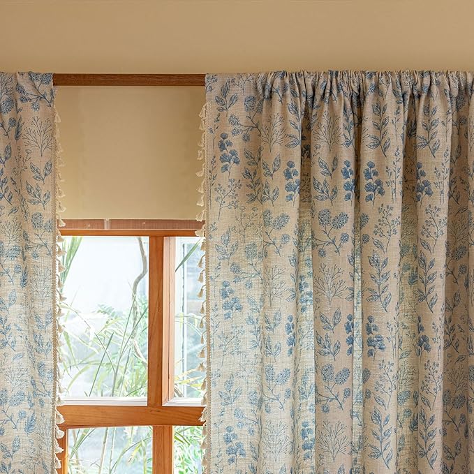 ENJOYBRIDAL Blue Floral Curtains 63 Inches Long 2 Panels Set Semi Sheer Living Room Drapes Boho Short Bedroom Farmhouse Window Curtain Panels Tassel Decorative Aesthetic Rod Pocket Window Treatments