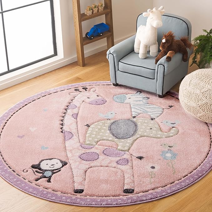 SAFAVIEH Carousel Kids Collection Area Rug - 5'3" Round, Blush Pink, Animal Design, Easy Care & Non-Shedding, Ideal for High Traffic Areas for Boys & Girls in Playroom, Nursery (CRK120U-5R)