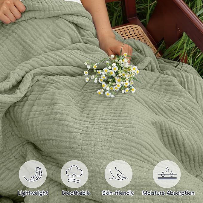 PHF Cooling Muslin Blanket Queen Size 90"x80", 6-Layer Lightweight Gauze Blanket Made from 35% Rayon Derived from Bamboo & 65% Cotton, Breathable & Ultra Soft Cozy, Aesthetic Home Decor, Tea