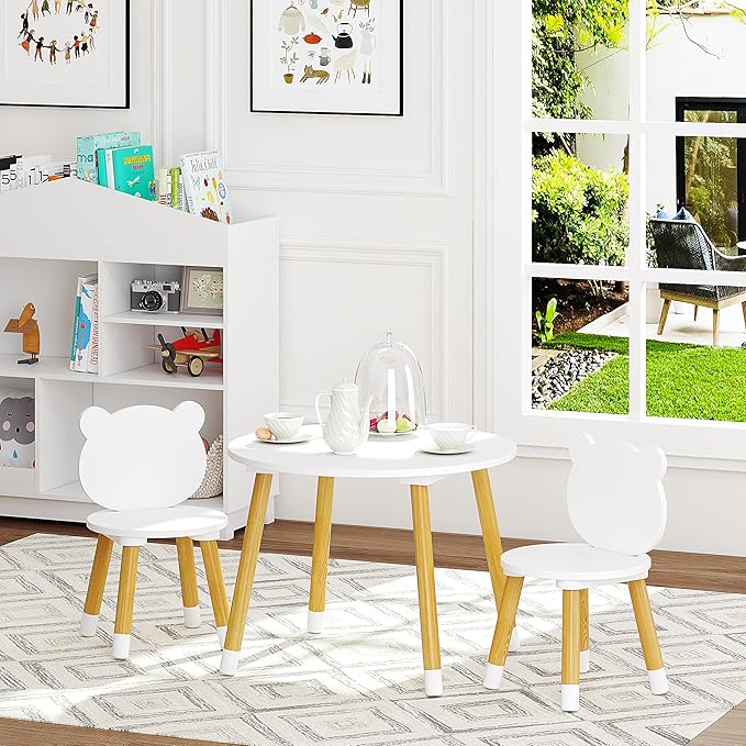 UTEX Kids Wood Table and Chair Set, Kids Play Table with 2 Chairs,3 Pieces Wood Round Table for Toddlers, Girls, Boys,White