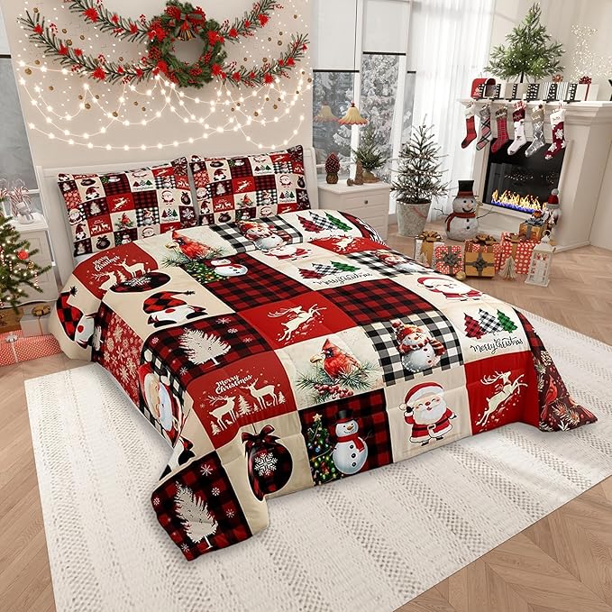 Christmas Comforter Set King Size,Red Plaid Holiday Design Bedding Set 3pcs,Snowman Santa Claus New Year Patchwork Down Comforter for All Season, Kids Boys Girls Room Decor,2 Pillowcases,No Sheets