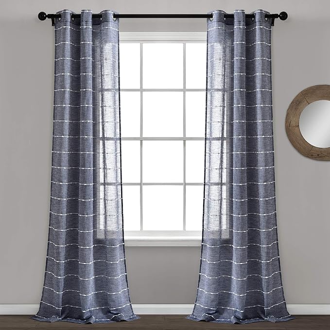Lush Decor Farmhouse Textured Grommet Sheer Window Curtain Panel Pair, 38"W x 108"L, Navy