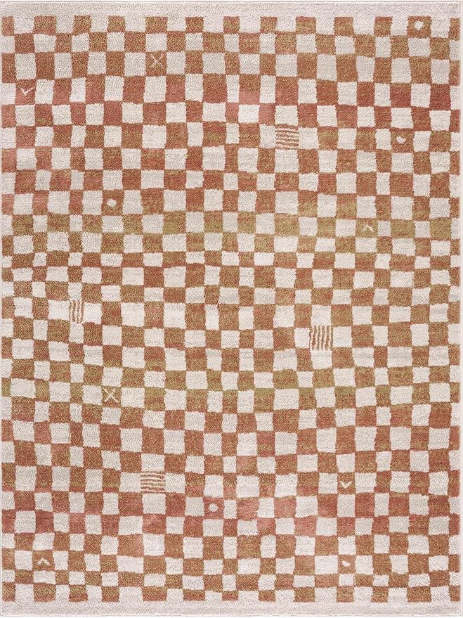 Hauteloom Pertek Modern Checkered Area Rug - Modern Geometric Carpet for Living Room, Kids Room, Nursery - Bohemian Boho Carpet - Cream, Beige, Light Red, Somon - 6'7" x 9'