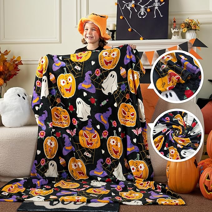 Joiedomi Glow in The Dark Blanket Pumpkin Black, Toys Gifts for Girls Age 2 3 4 5 6 7 8 9 10 11 12 Year Old, Soft Cozy Flannel Kids Throw Blanket, Christmas Birthday Present Bedroom Decor 50"×60"